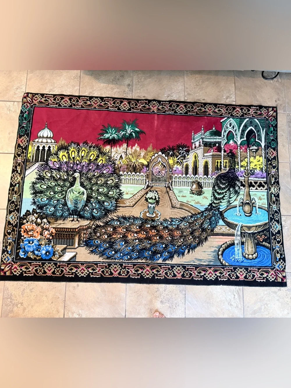 Vintage 1970 Circa Velvet Peacock Wall Tapestry Rug - 64